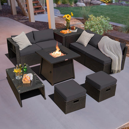 9 Piece Weatherproof Rattan Patio Conversation Set with 30 Inches Propane Fire Pit Table and Dust Covers