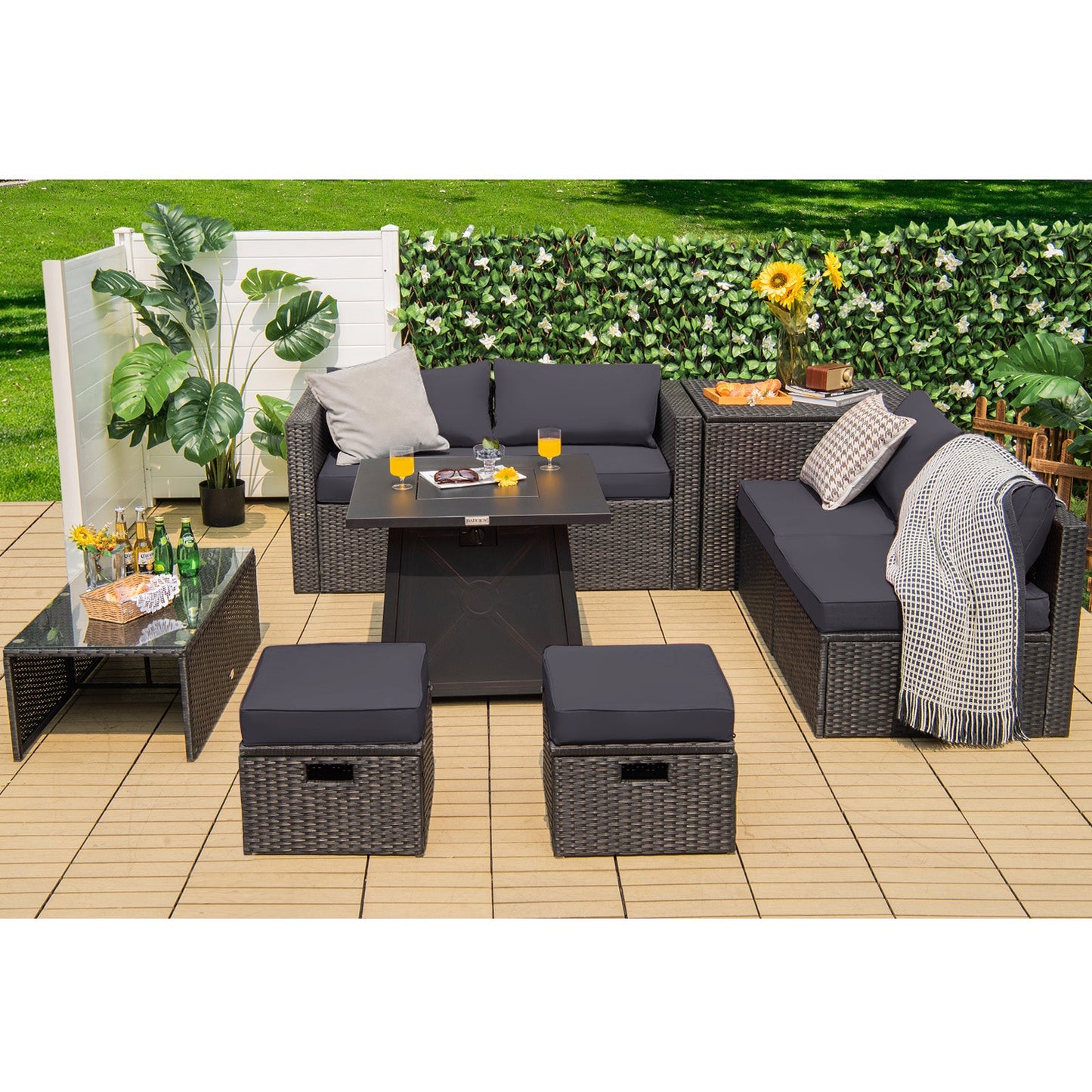 9 Piece Weatherproof Rattan Patio Conversation Set with 30 Inches Propane Fire Pit Table and Dust Covers