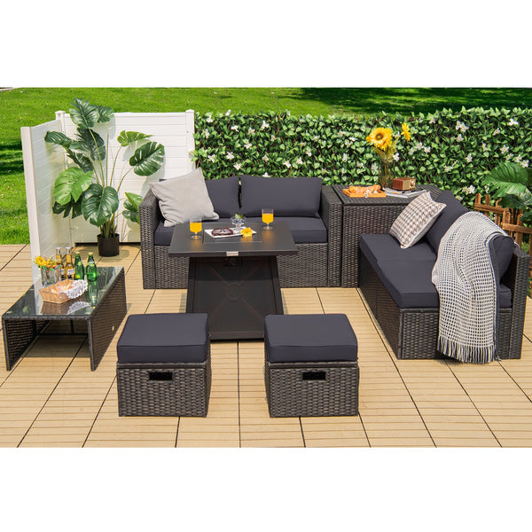 9 Piece Weatherproof Rattan Patio Conversation Set with 30 Inches Propane Fire Pit Table and Dust Covers