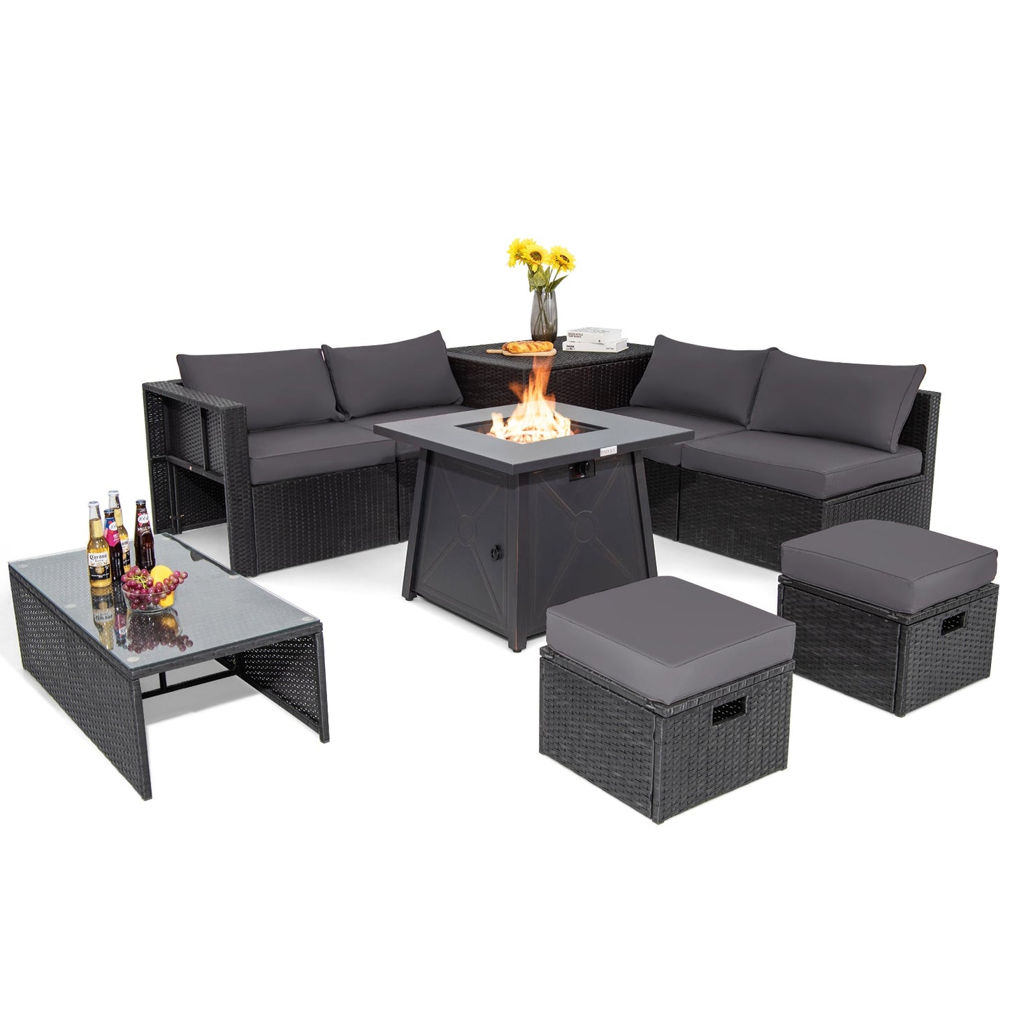 9 Piece Weatherproof Rattan Patio Conversation Set with 30 Inches Propane Fire Pit Table and Dust Covers