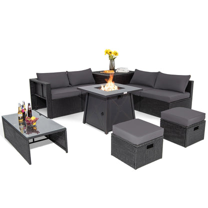 9 Piece Weatherproof Rattan Patio Conversation Set with 30 Inches Propane Fire Pit Table and Dust Covers