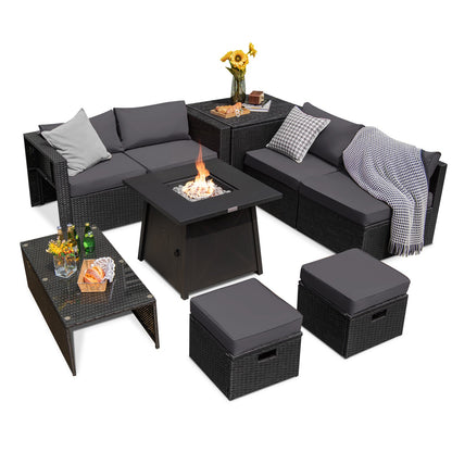 9 Piece Weatherproof Rattan Patio Conversation Set with 30 Inches Propane Fire Pit Table and Dust Covers