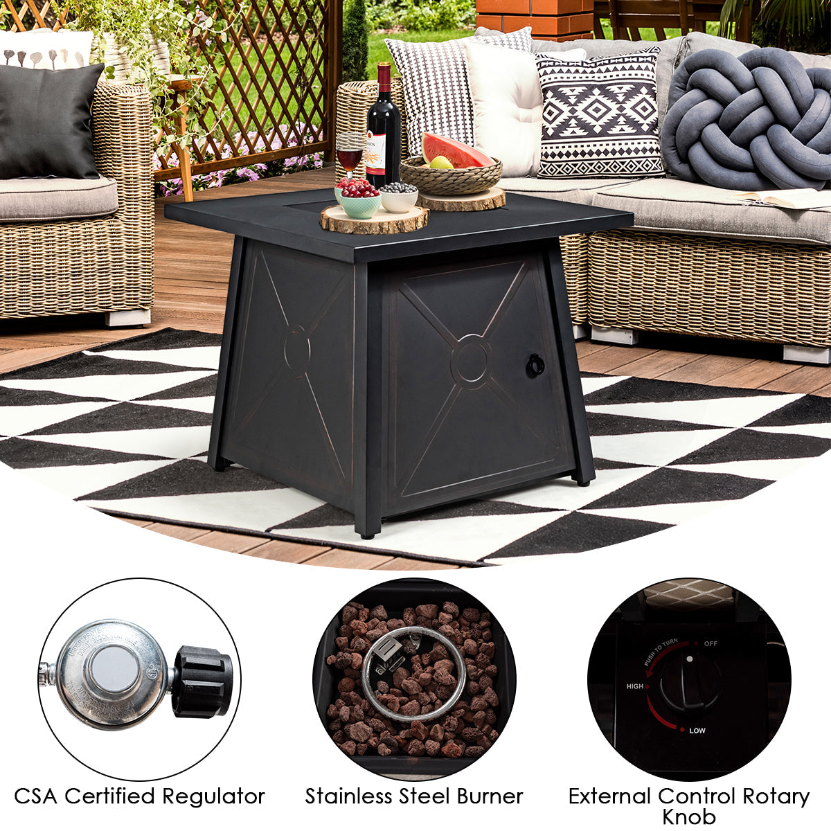 9 Piece Weatherproof Rattan Patio Conversation Set with 30 Inches Propane Fire Pit Table and Dust Covers