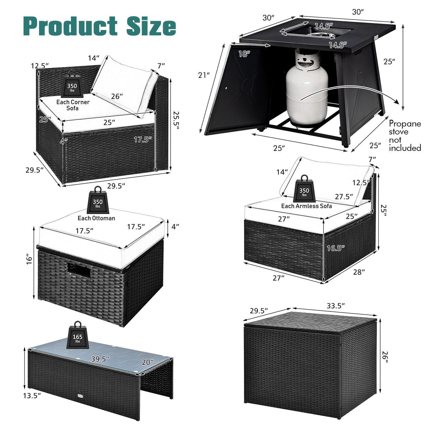 9 Piece Weatherproof Rattan Patio Conversation Set with 30 Inches Propane Fire Pit Table and Dust Covers
