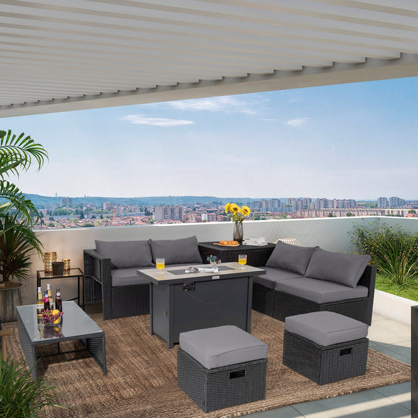 9 Pieces Outdoor PE Rattan Wicker Sectional Sofa with 42 Inch 60 000 BTU Gas Fire Pit Table