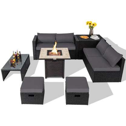 9 Pieces Outdoor PE Rattan Wicker Sectional Sofa with 42 Inch Gas Fire Pit Table