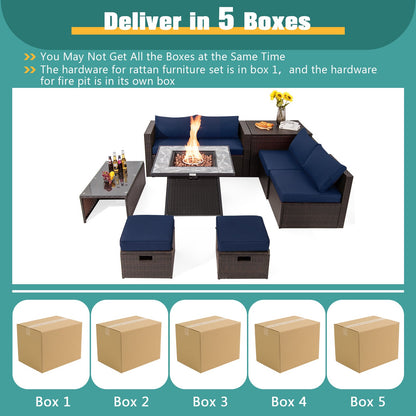 9 Pieces Patio PE Wicker Sectional Set with 50000 BTU Fire Pit Table