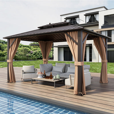 10' × 13' Outdoor Hardtop Gazebo with Double Galvanized Steel Roof, Curtains and Mesh Netting