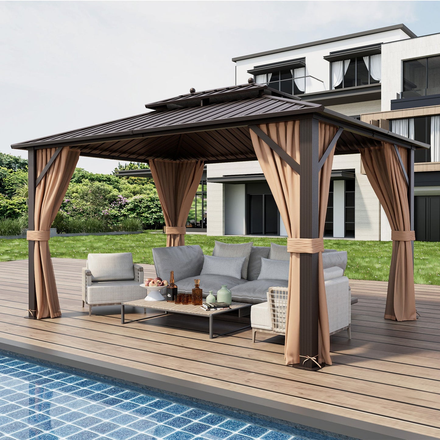 10' × 13' Outdoor Hardtop Gazebo with Double Galvanized Steel Roof, Curtains and Mesh Netting