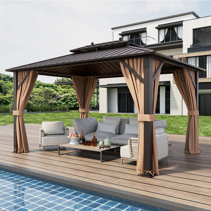 10' × 13' Outdoor Hardtop Gazebo with Double Galvanized Steel Roof, Curtains and Mesh Netting