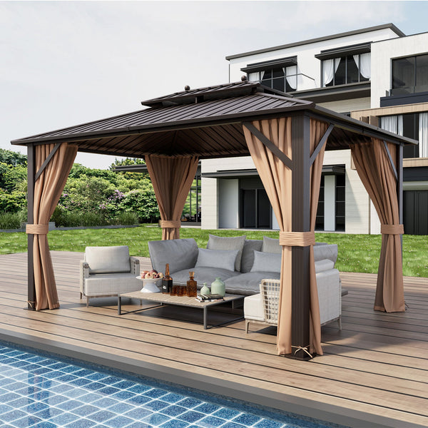 10' × 13' Outdoor Hardtop Gazebo with Double Galvanized Steel Roof, Curtains and Mesh Netting