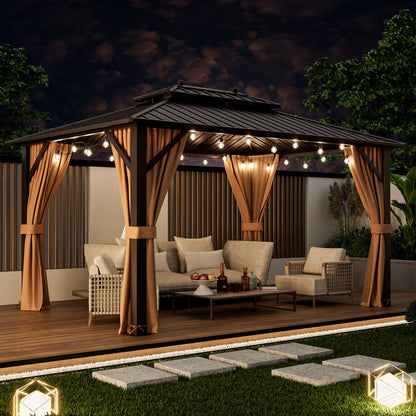 10' × 13' Outdoor Hardtop Gazebo with Double Galvanized Steel Roof, Curtains and Mesh Netting