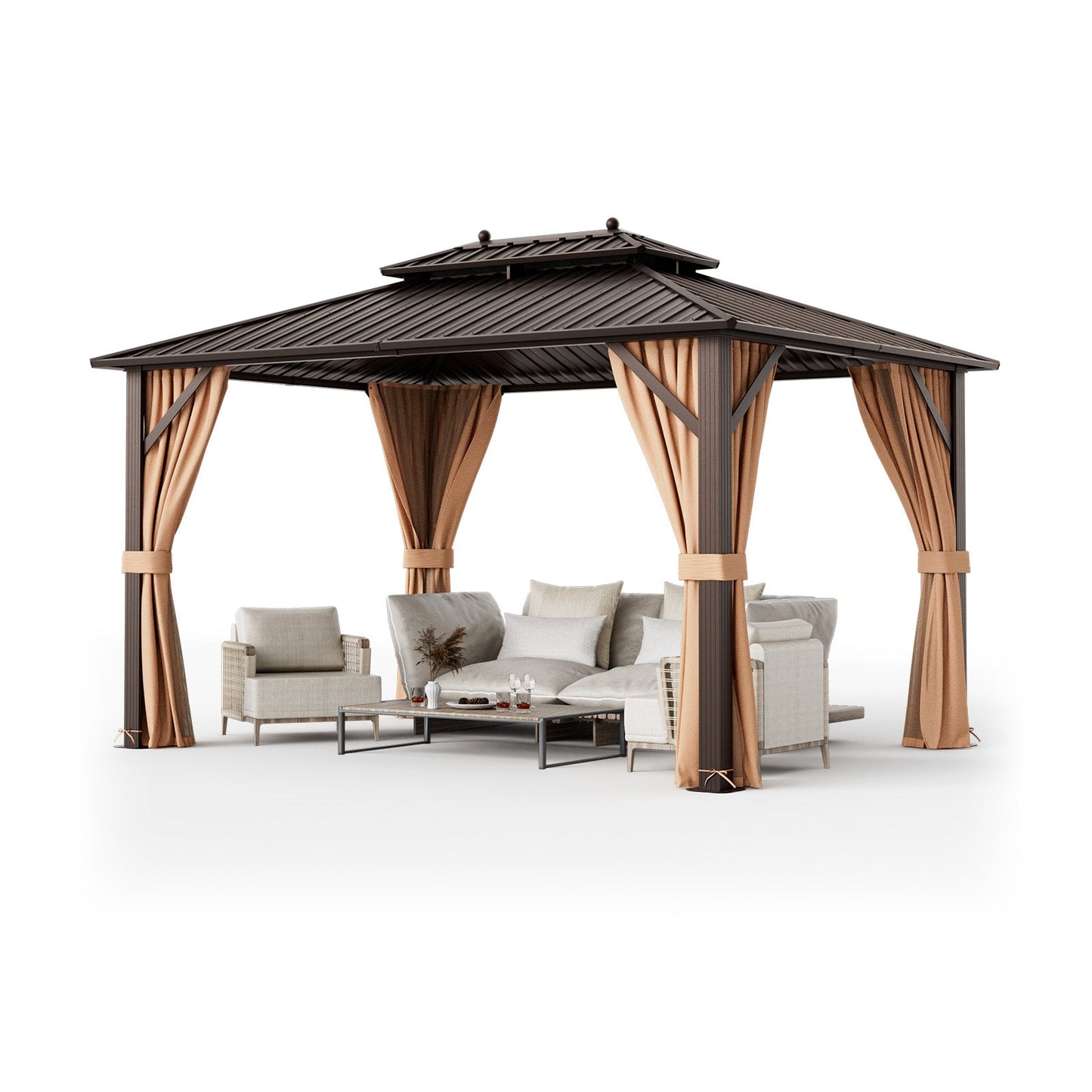 10' × 13' Outdoor Hardtop Gazebo with Double Galvanized Steel Roof, Curtains and Mesh Netting
