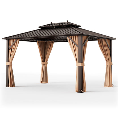 10' × 13' Outdoor Hardtop Gazebo with Double Galvanized Steel Roof, Curtains and Mesh Netting