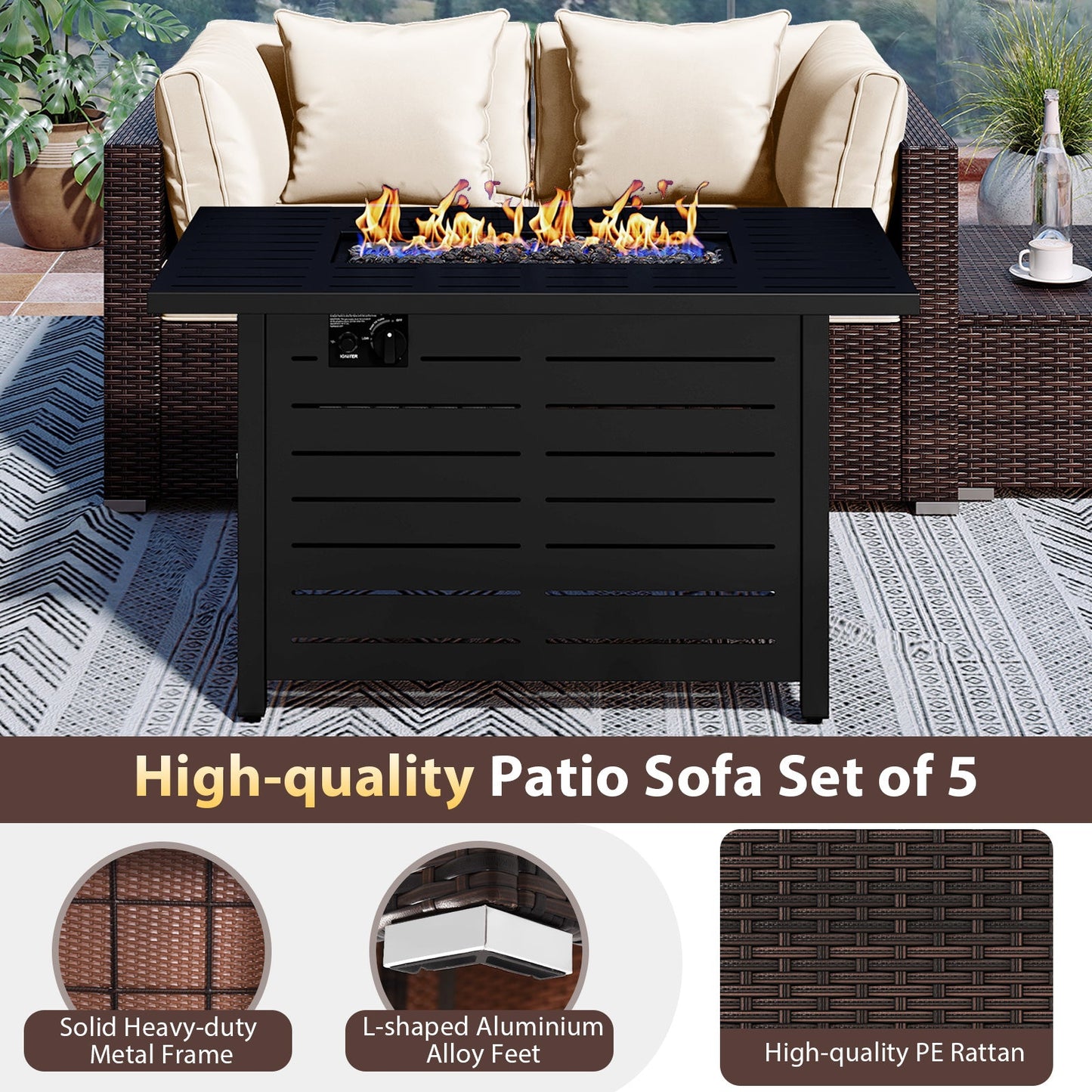 5-Piece Outdoor PE Rattan Patio Furniture Set with 60,000 BTU Fire Pit Table and Ottoman
