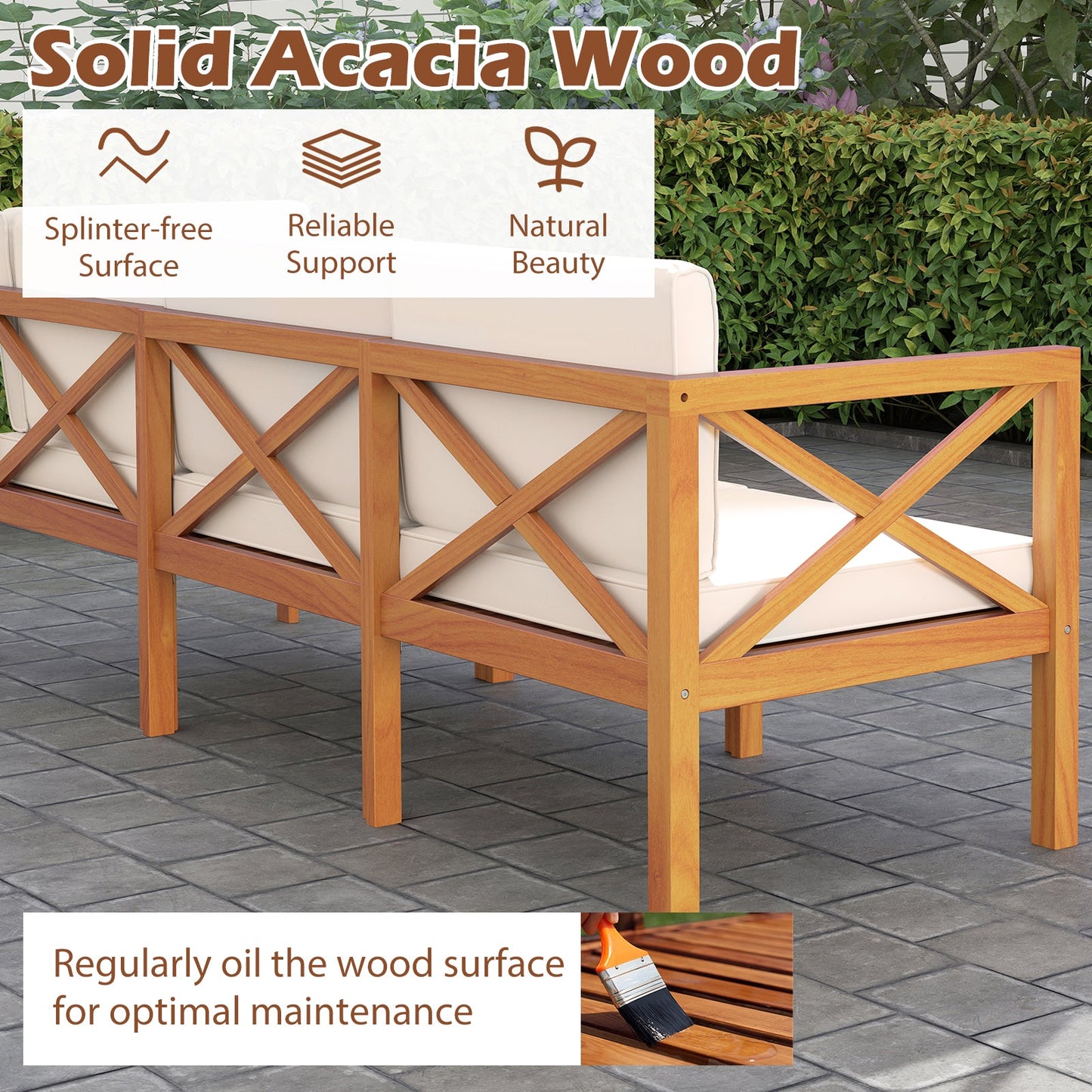 Outdoor 6 Pieces Acacia Wood Patio Sectional Furniture Set-Off White