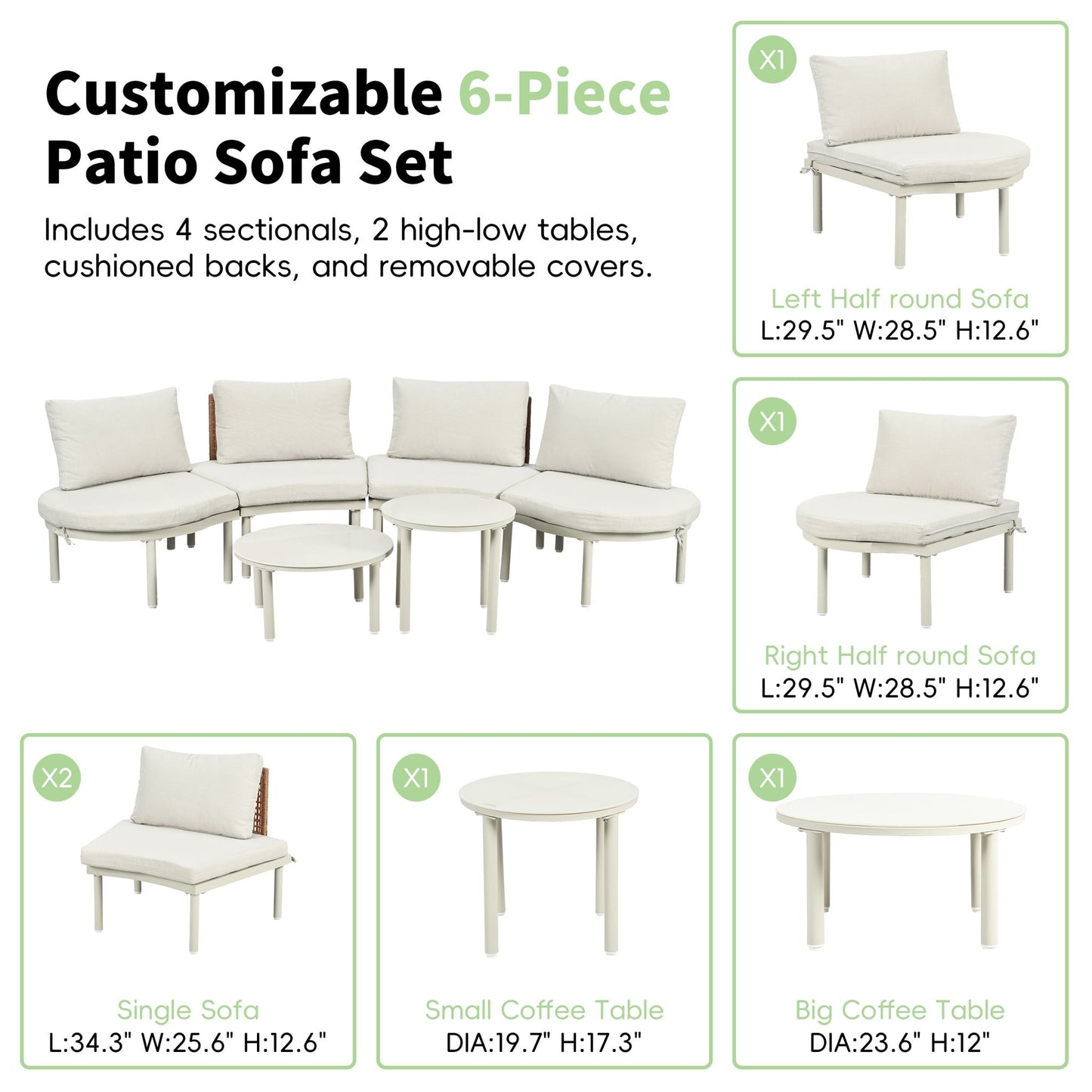 6 Piece Patio Set, Half Moon Outdoor Sectional Sofa With 2 High Low Coffee Tables, 4 Pillows & Cushions