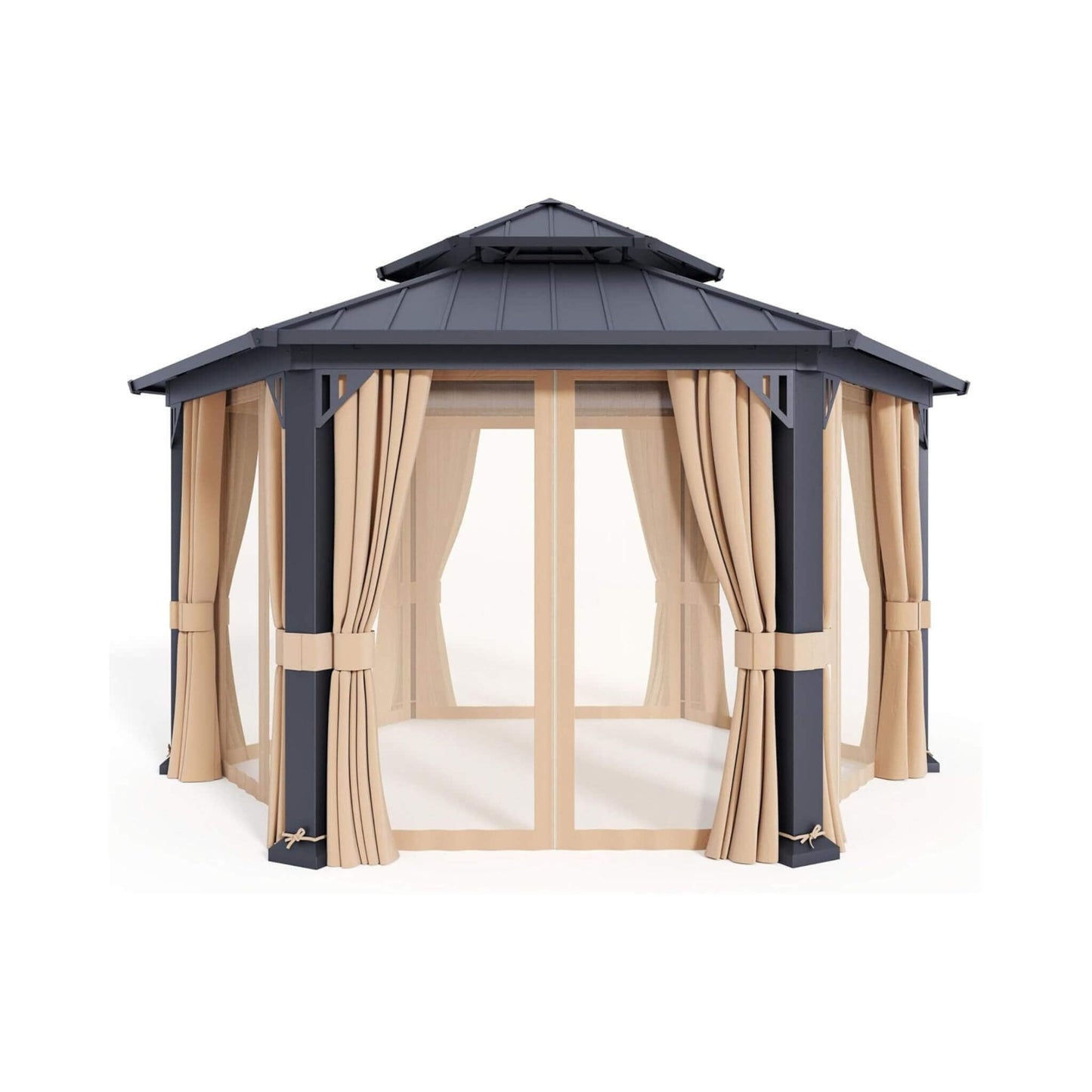 13' x 15' Hexagonal Hardtop Gazebo with Curtains and Mosquito Netting