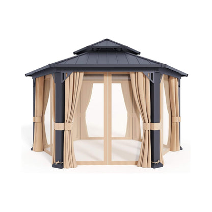 13' x 15' Hexagonal Hardtop Gazebo with Curtains and Mosquito Netting