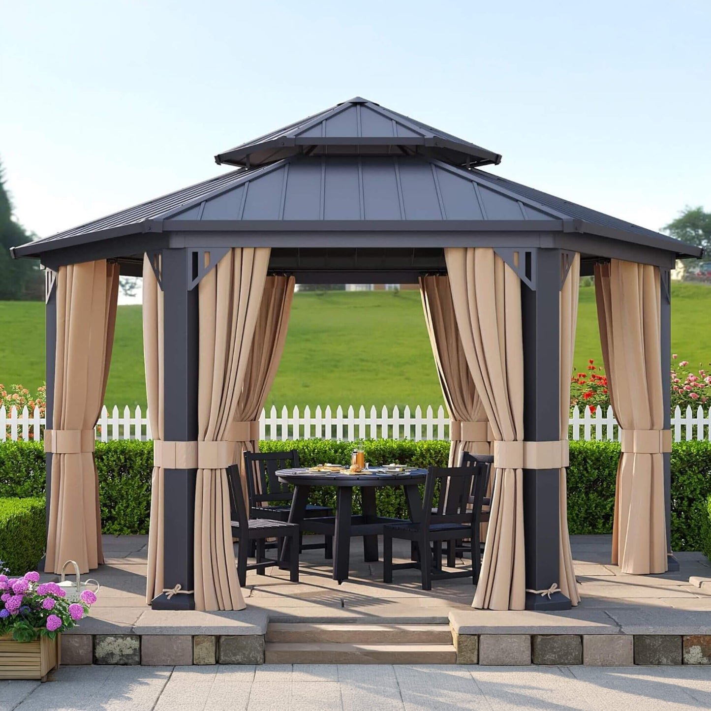 13' x 15' Hexagonal Hardtop Gazebo with Curtains and Mosquito Netting