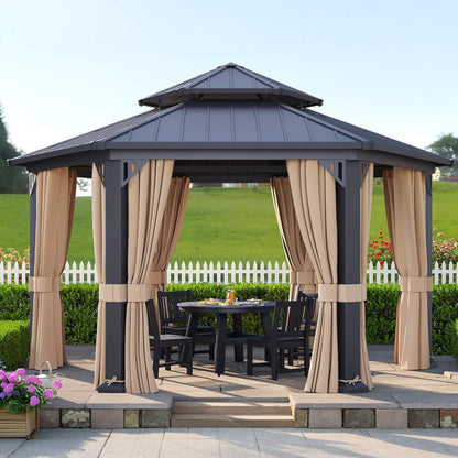 13' x 15' Hexagonal Hardtop Gazebo with Curtains and Mosquito Netting