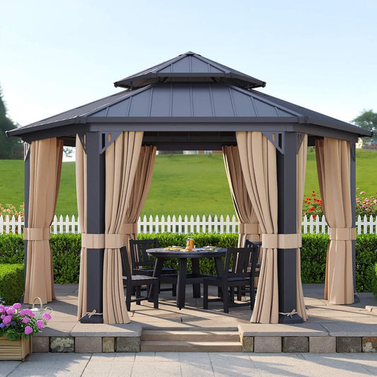 13' x 15' Hexagonal Hardtop Gazebo with Curtains and Mosquito Netting