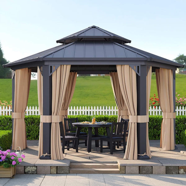 13' x 15' Hexagonal Hardtop Gazebo with Curtains and Mosquito Netting
