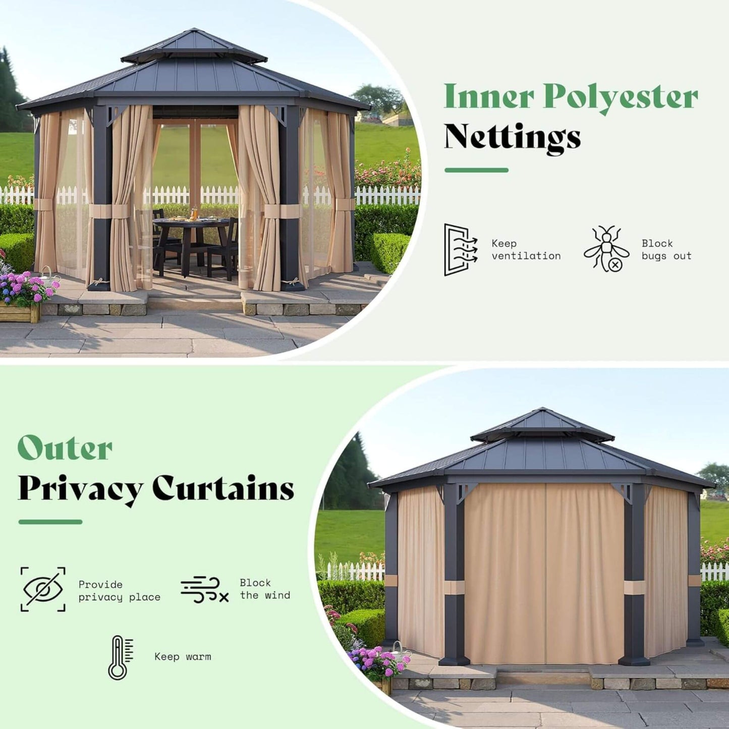 13' x 15' Hexagonal Hardtop Gazebo with Curtains and Mosquito Netting