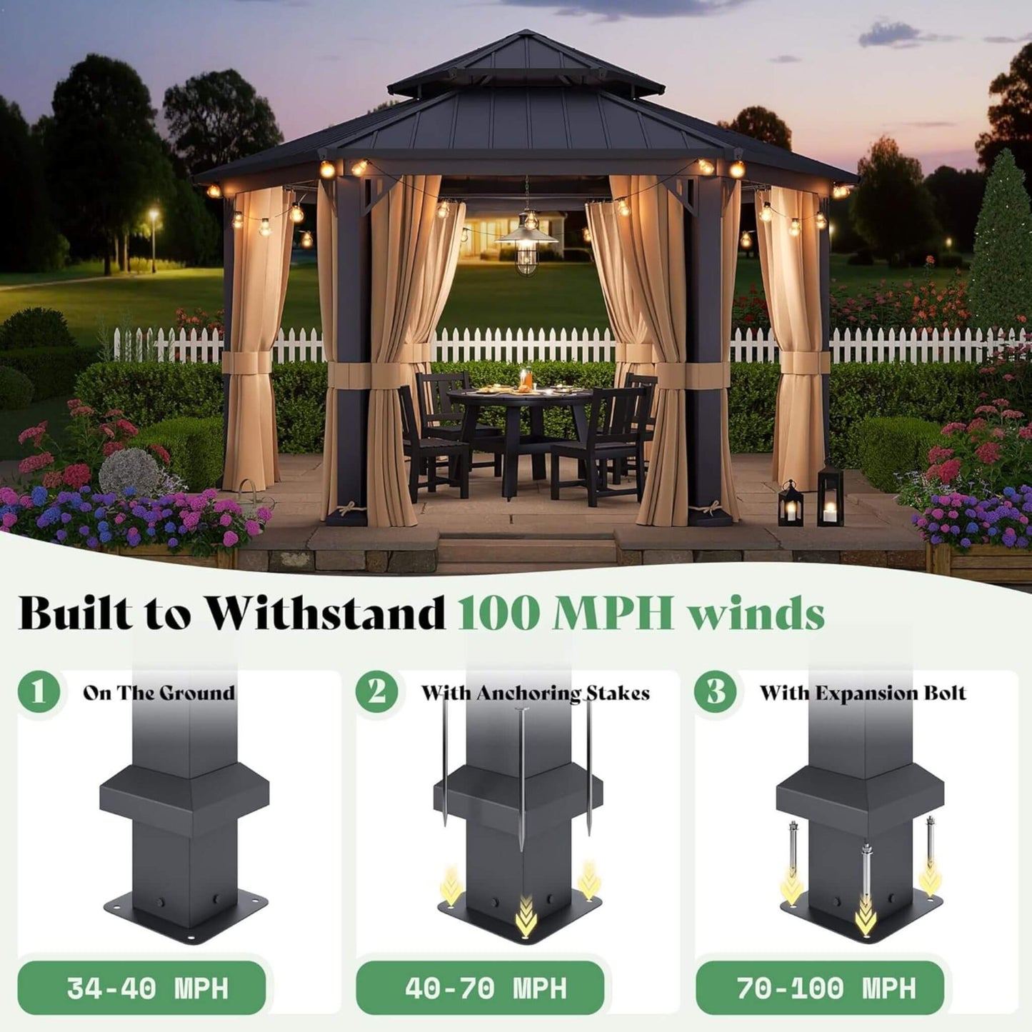 13' x 15' Hexagonal Hardtop Gazebo with Curtains and Mosquito Netting