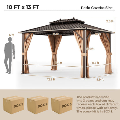 10' × 13' Outdoor Hardtop Gazebo with Double Galvanized Steel Roof, Curtains and Mesh Netting