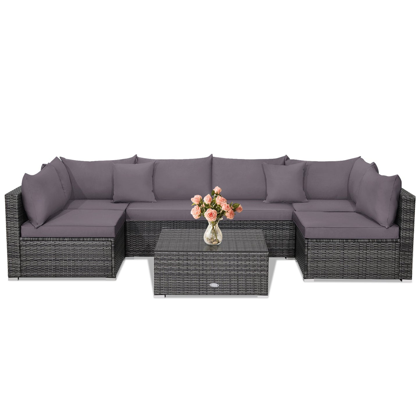 7 Pieces Patio Rattan Furniture Set Sectional Sofa Garden Cushion