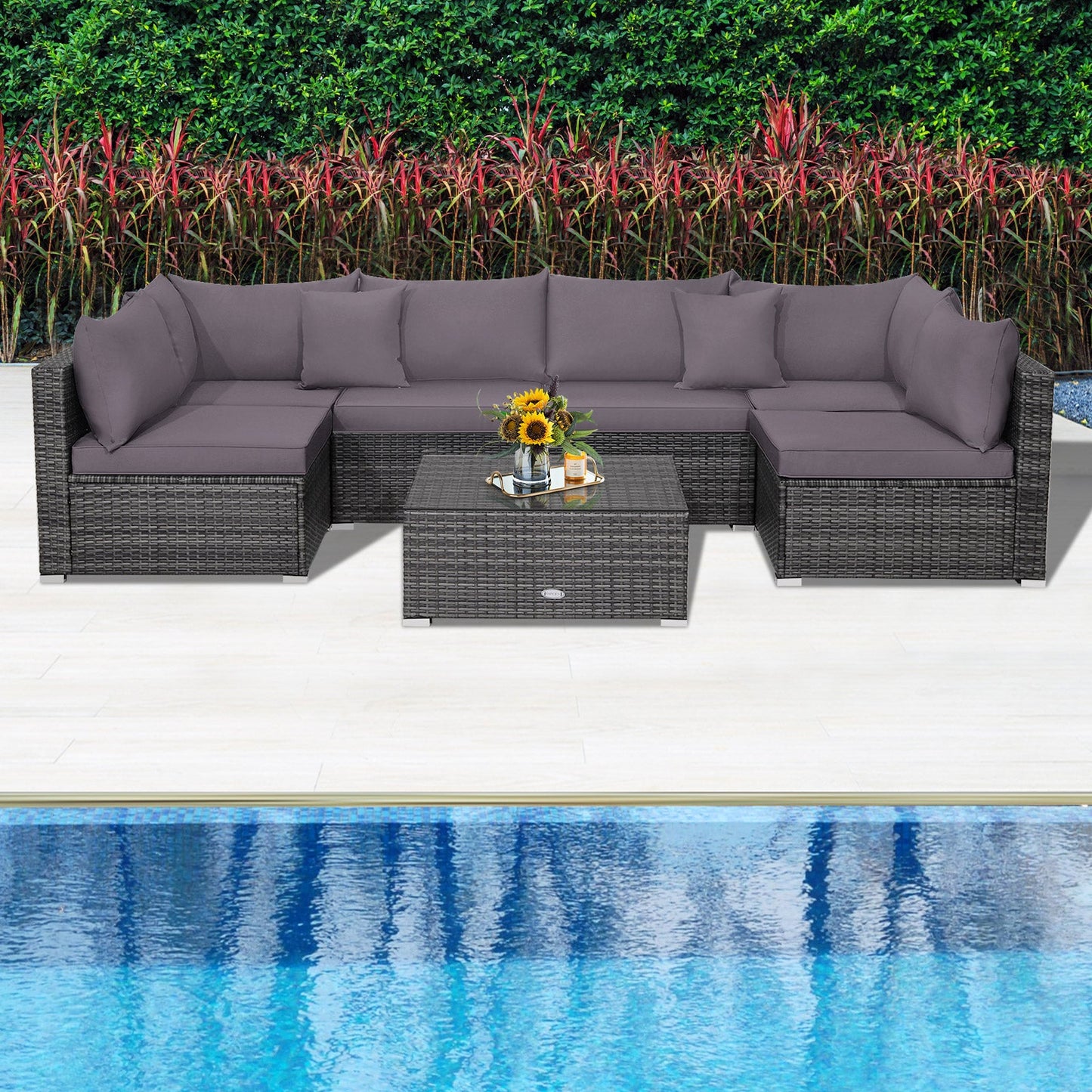 7 Pieces Patio Rattan Furniture Set Sectional Sofa Garden Cushion