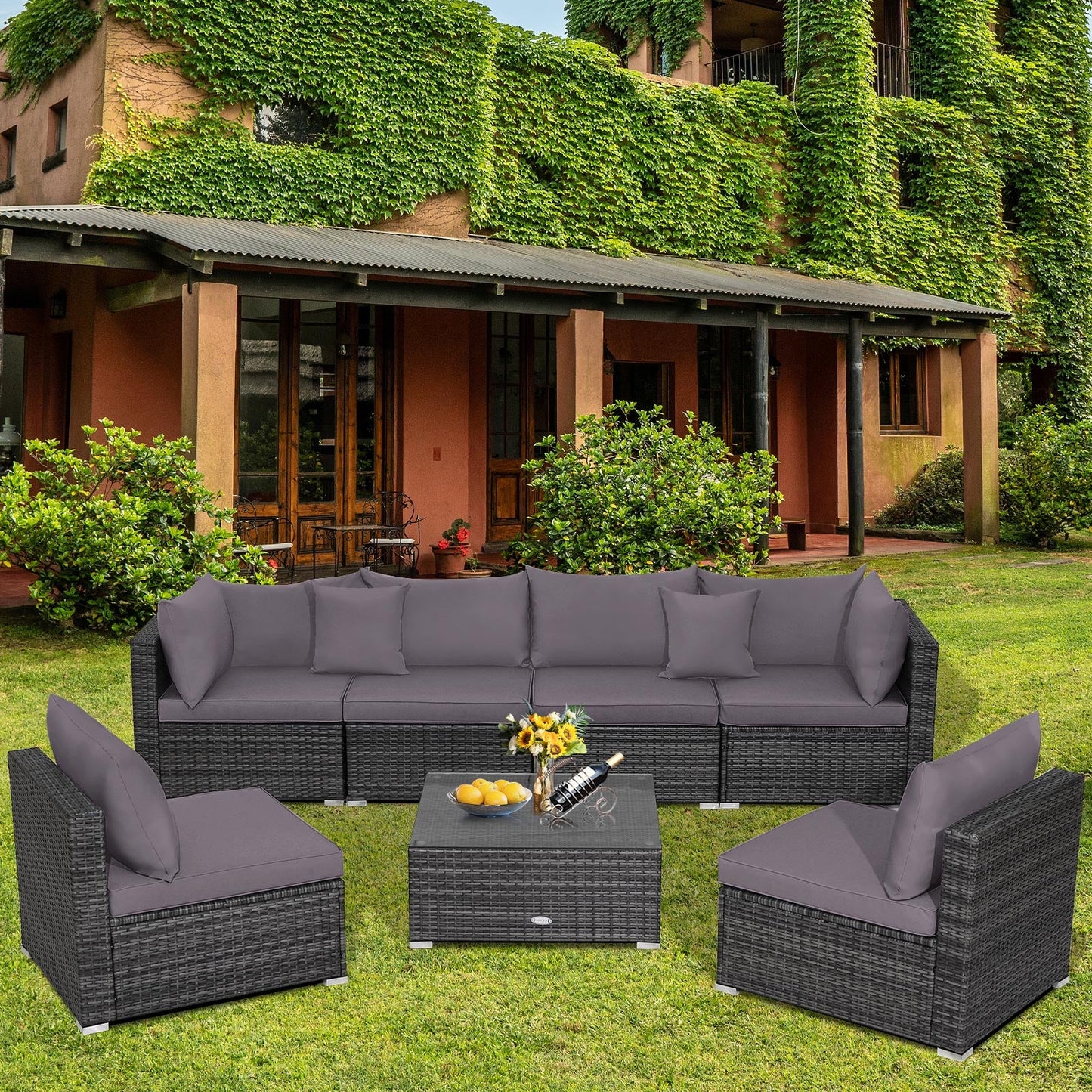 7 Pieces Patio Rattan Furniture Set Sectional Sofa Garden Cushion