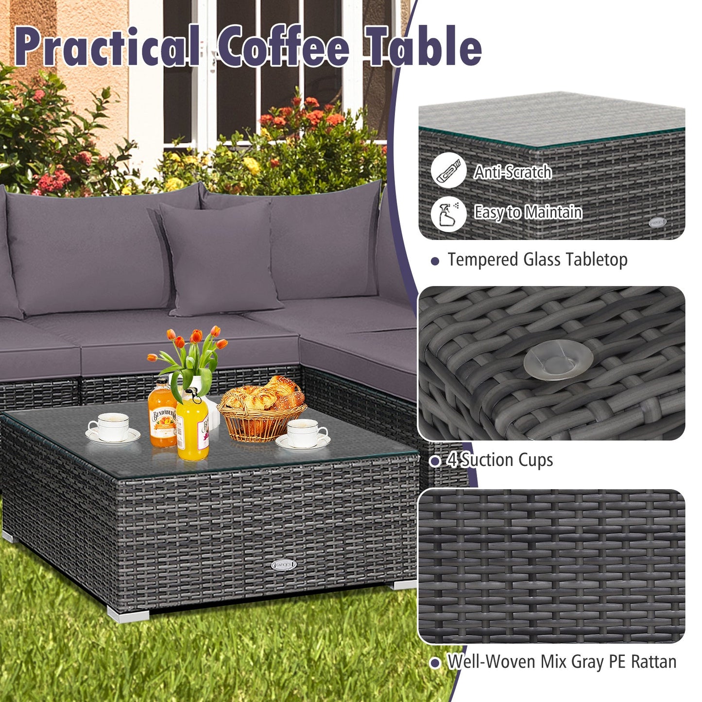 7 Pieces Patio Rattan Furniture Set Sectional Sofa Garden Cushion
