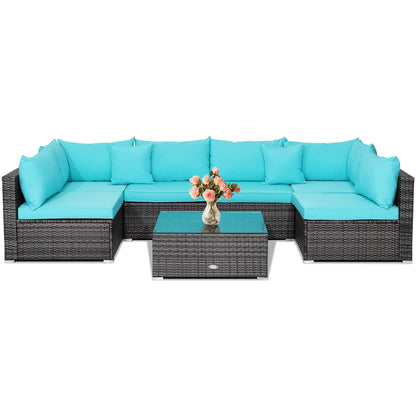 7 Pieces Patio Rattan Furniture Set Sectional Sofa Garden Cushion