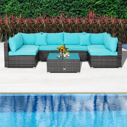 7 Pieces Patio Rattan Furniture Set Sectional Sofa Garden Cushion