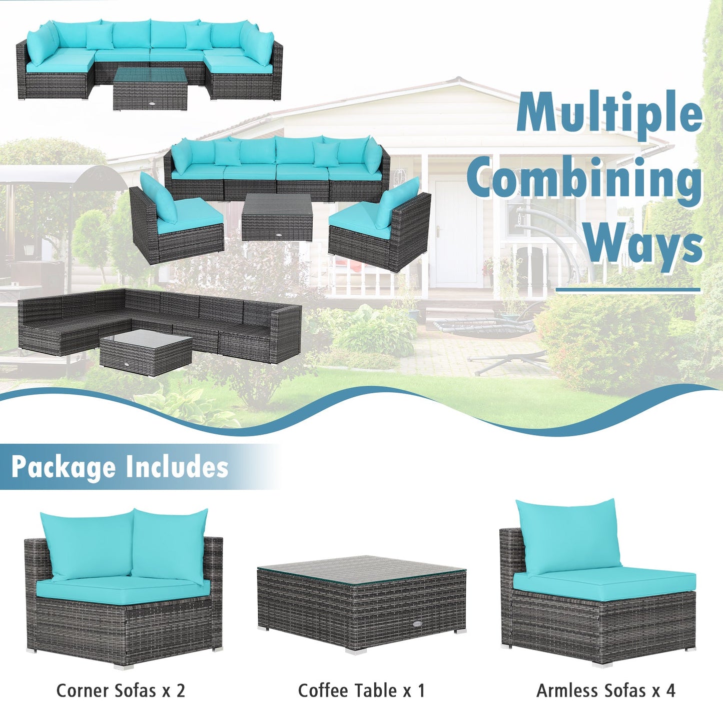 7 Pieces Patio Rattan Furniture Set Sectional Sofa Garden Cushion