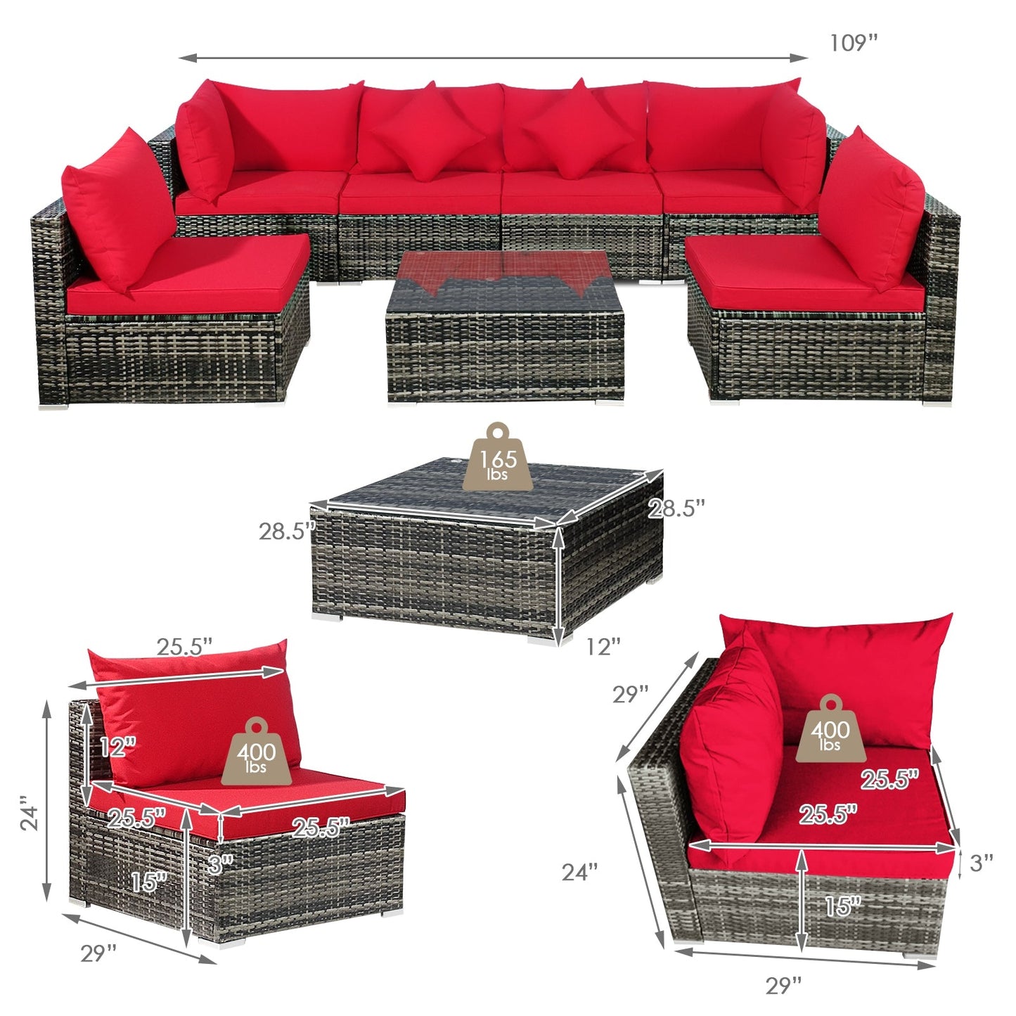 7 Pieces Patio Rattan Furniture Set Sectional Sofa Garden Cushion