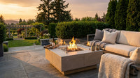 Manhattan Outdoor Fire Pit 36 In. X 36 In. Square Concrete Propane Fire Table with Lava Rocks and Cover — Lifestyle