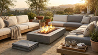 Matteau Low 60 In. L X 12 In. H Outdoor Rectangular Concrete Composite Propane Fire Table in Flint with Vinyl Cover — Lifestyle