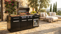 Premium 70" Black Stainless Steel Outdoor Kitchen Island with Refrigerator + 32"W 4-Burner BBQ Grill with Rear Burner — Lifestyle