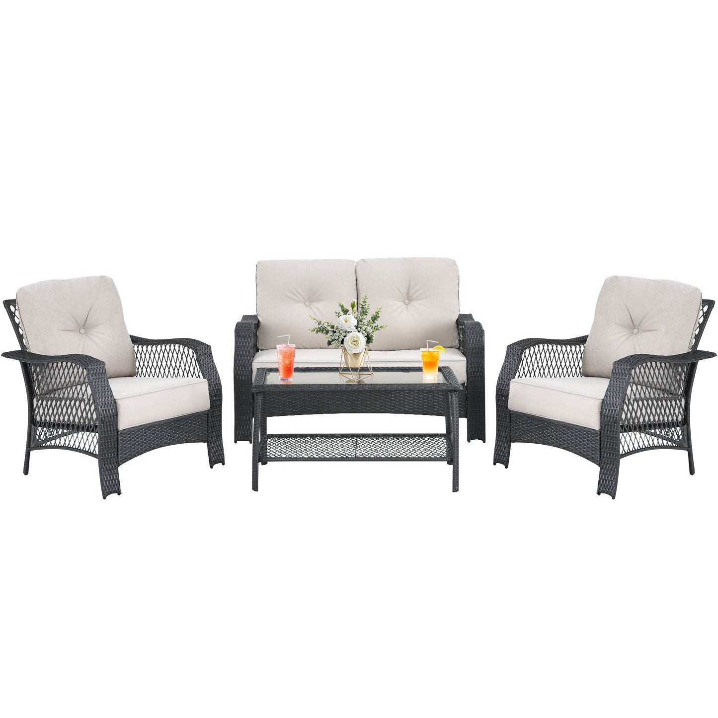 4 Pieces Patio Wicker Furniture Set Loveseat Sofa Coffee Table with Cushion-Beige