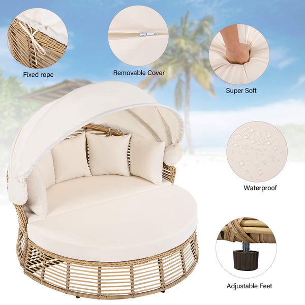 Alora 53-Inch Outdoor Patio Rattan Round Wicker Daybed With Retractable Canopy