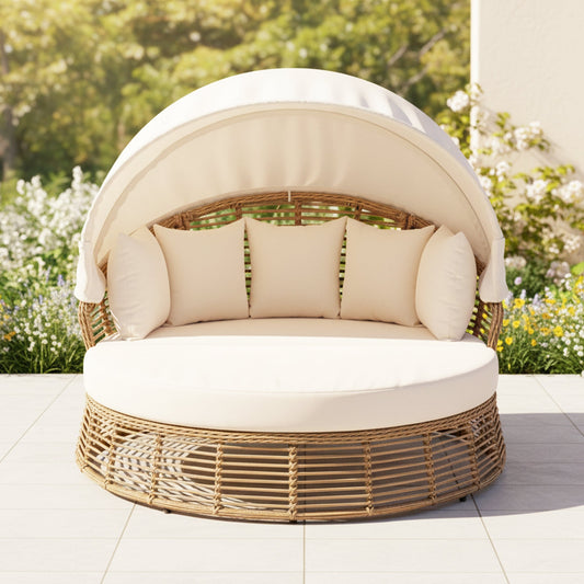 Alora 53-Inch Outdoor Patio Rattan Round Wicker Daybed With Retractable Canopy