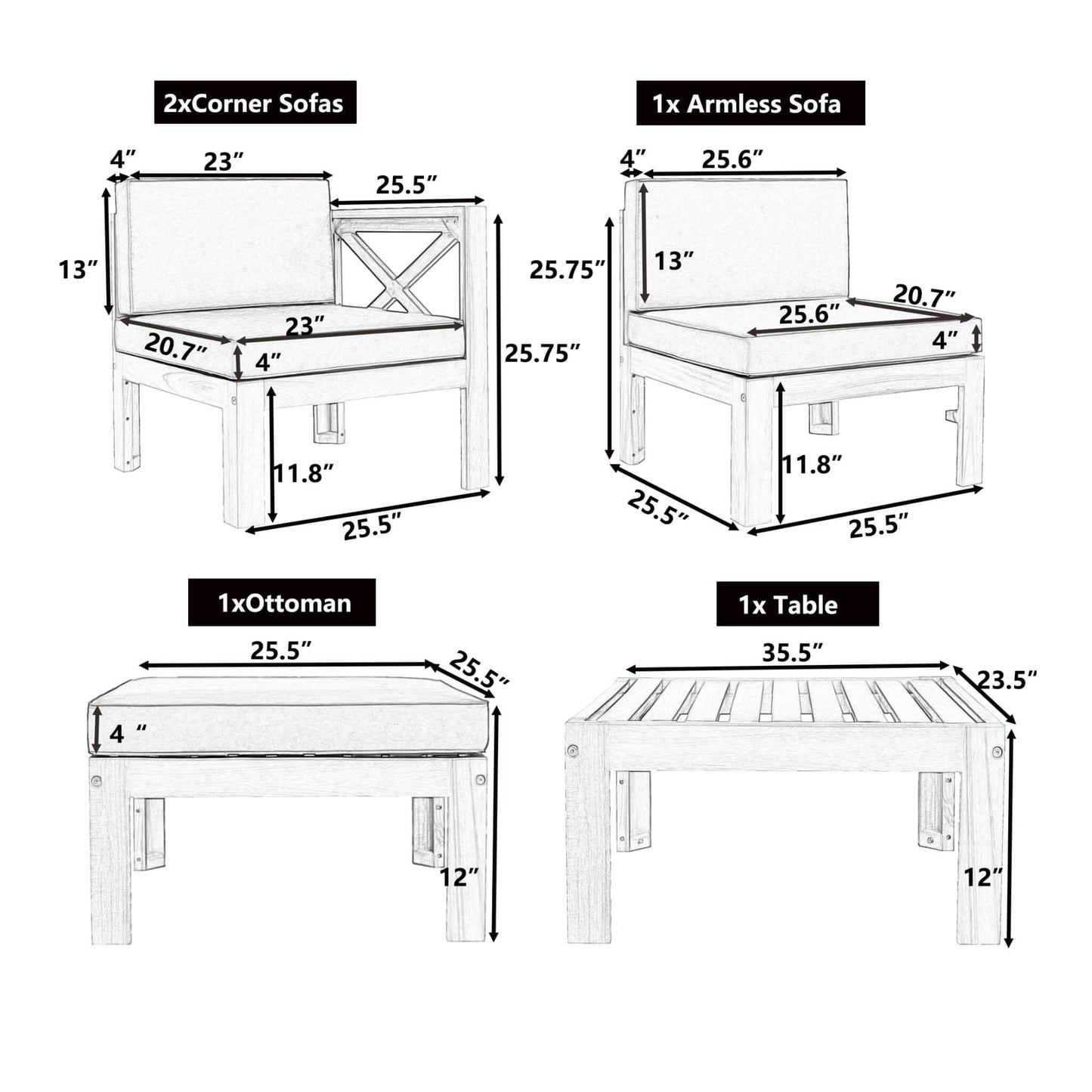 Alora 5-Piece Outdoor Patio Wood Sectional Sofa Set With Cushions
