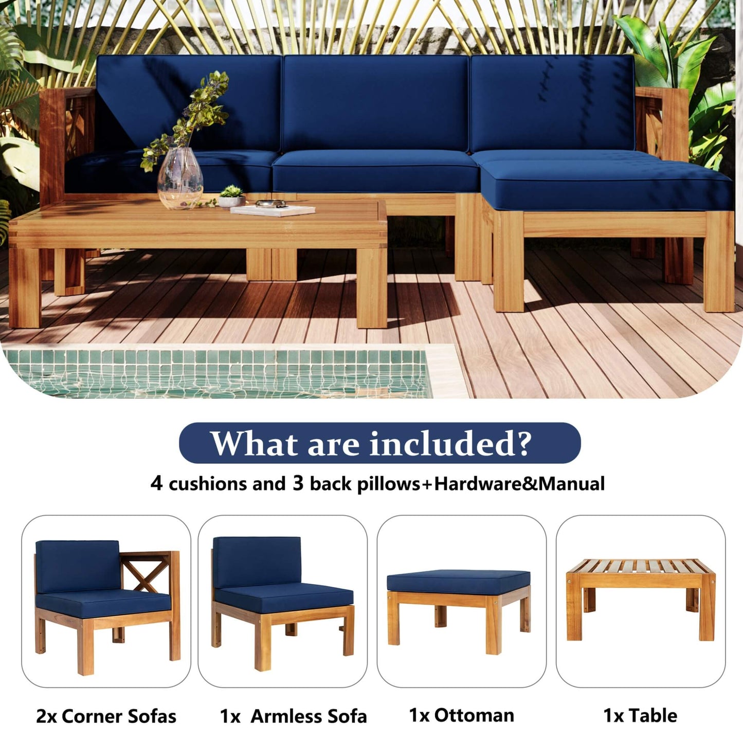 Alora 5-Piece Outdoor Patio Wood Sectional Sofa Set With Cushions