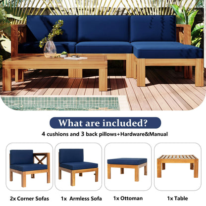 Alora 5-Piece Outdoor Patio Wood Sectional Sofa Set With Cushions