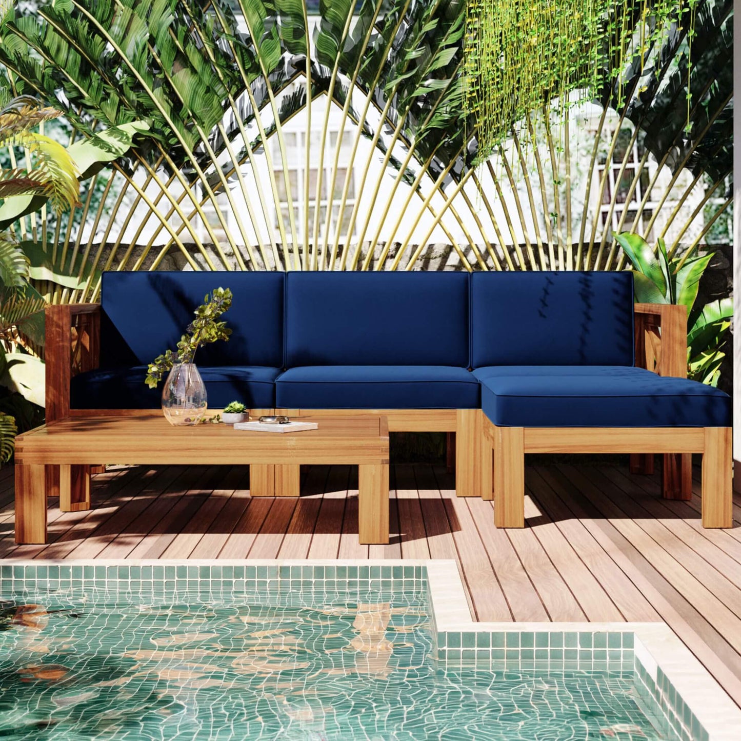 Alora 5-Piece Outdoor Patio Wood Sectional Sofa Set With Cushions
