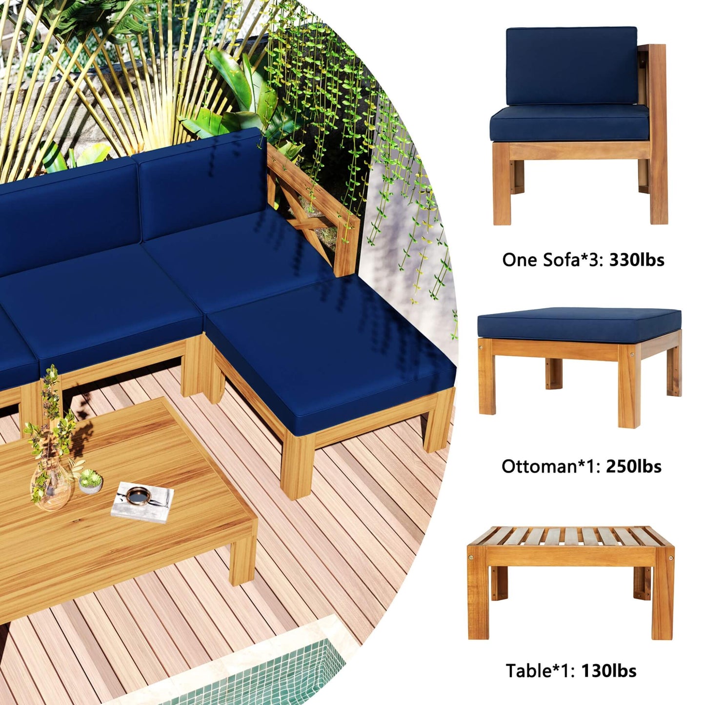 Alora 5-Piece Outdoor Patio Wood Sectional Sofa Set With Cushions