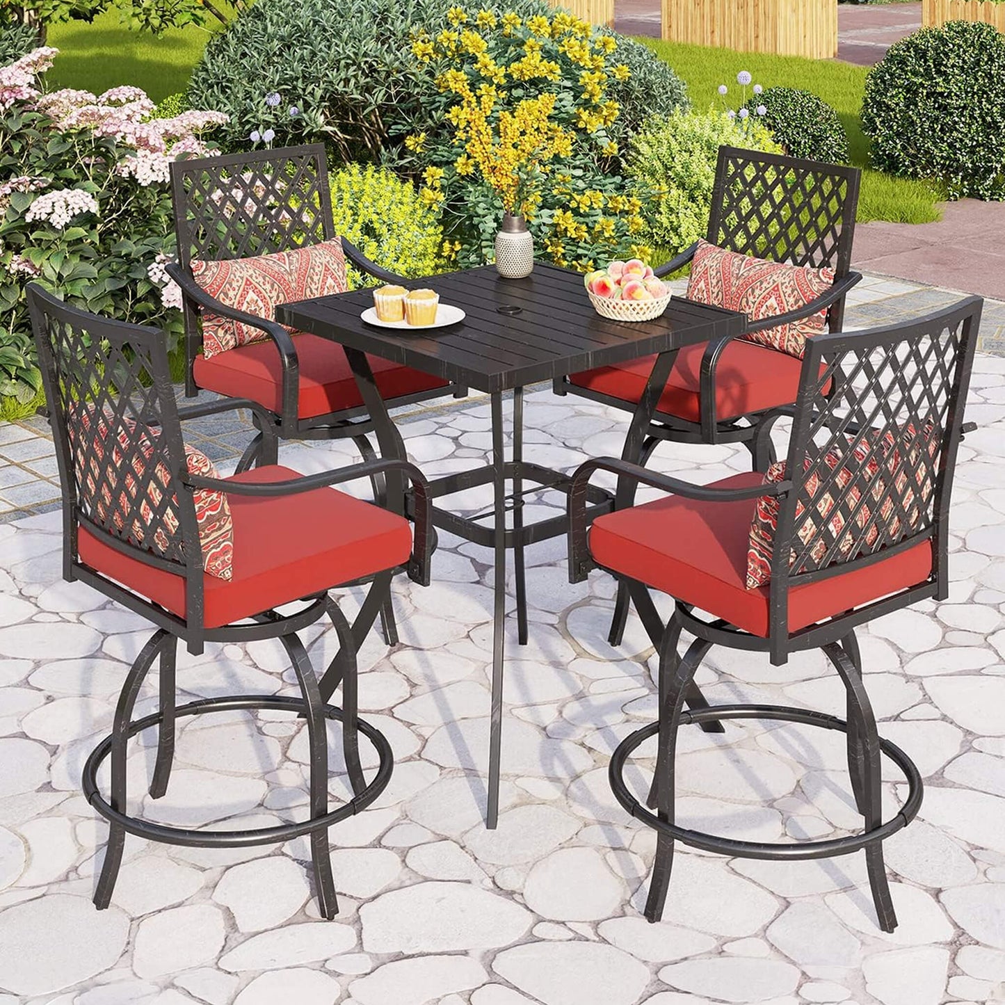 Alora Premium 6-Piece Bar Patio Furniture Set With Umbrella, Swivel Chairs, And Cushions